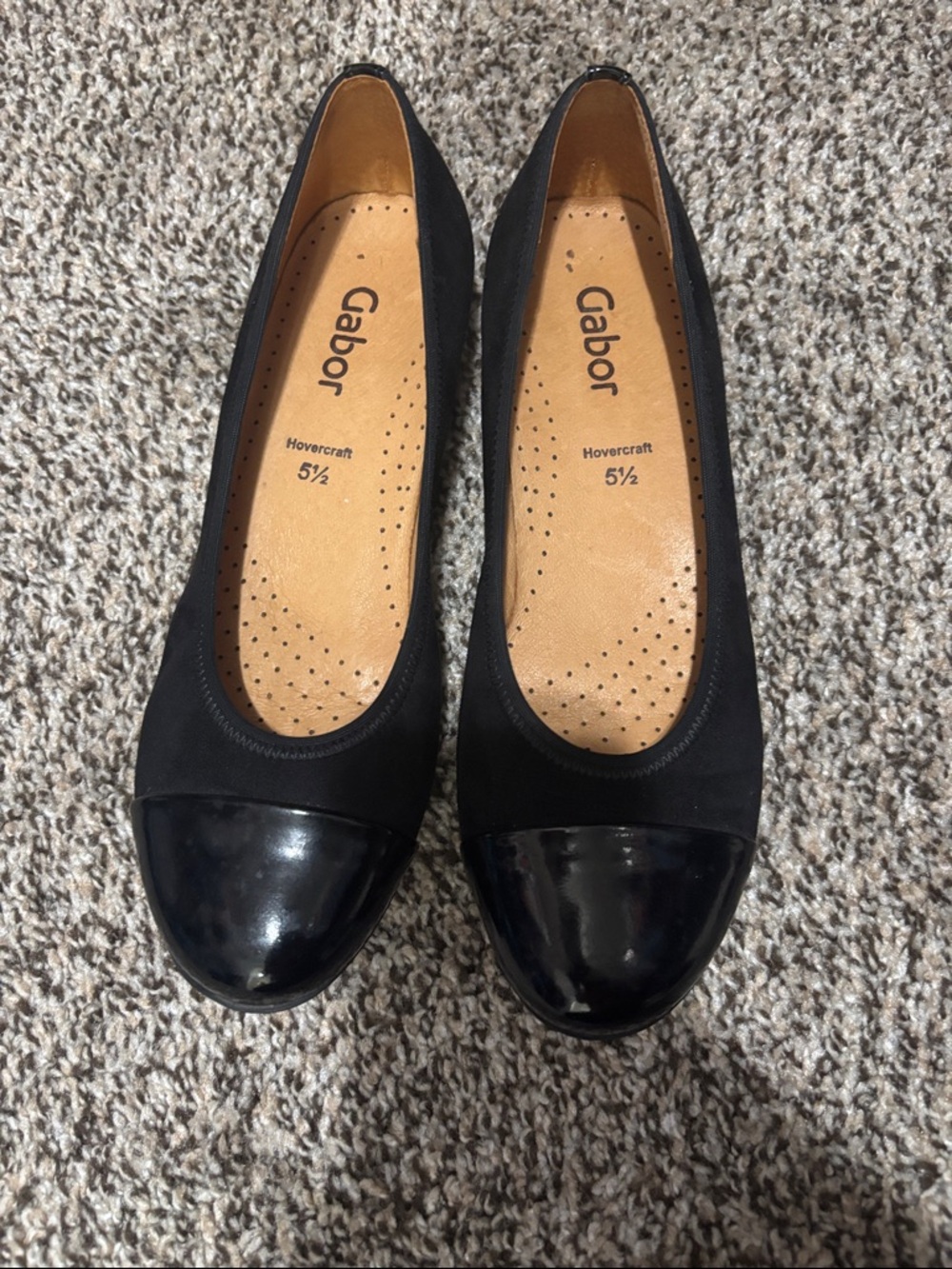 Gabor Black Suede Ballet Flats with Patent Black Cap Toe